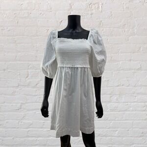 American Eagle White Smocked Puff Sleeve Cottagecore Dress‎ L NWT